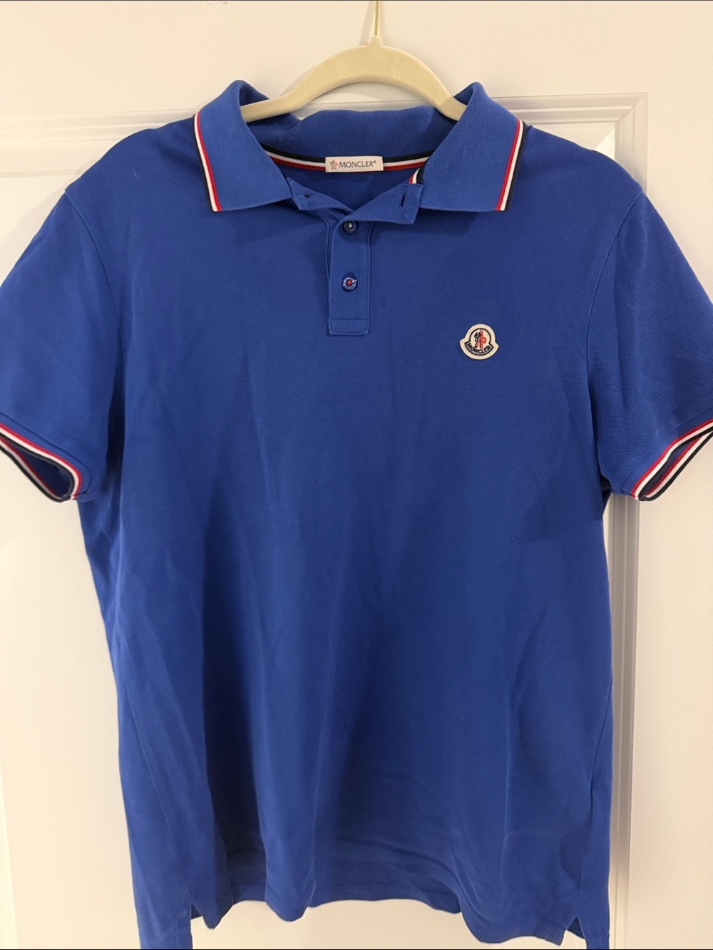 Moncler Royal Blue Polo with Red & White Stripe Trim